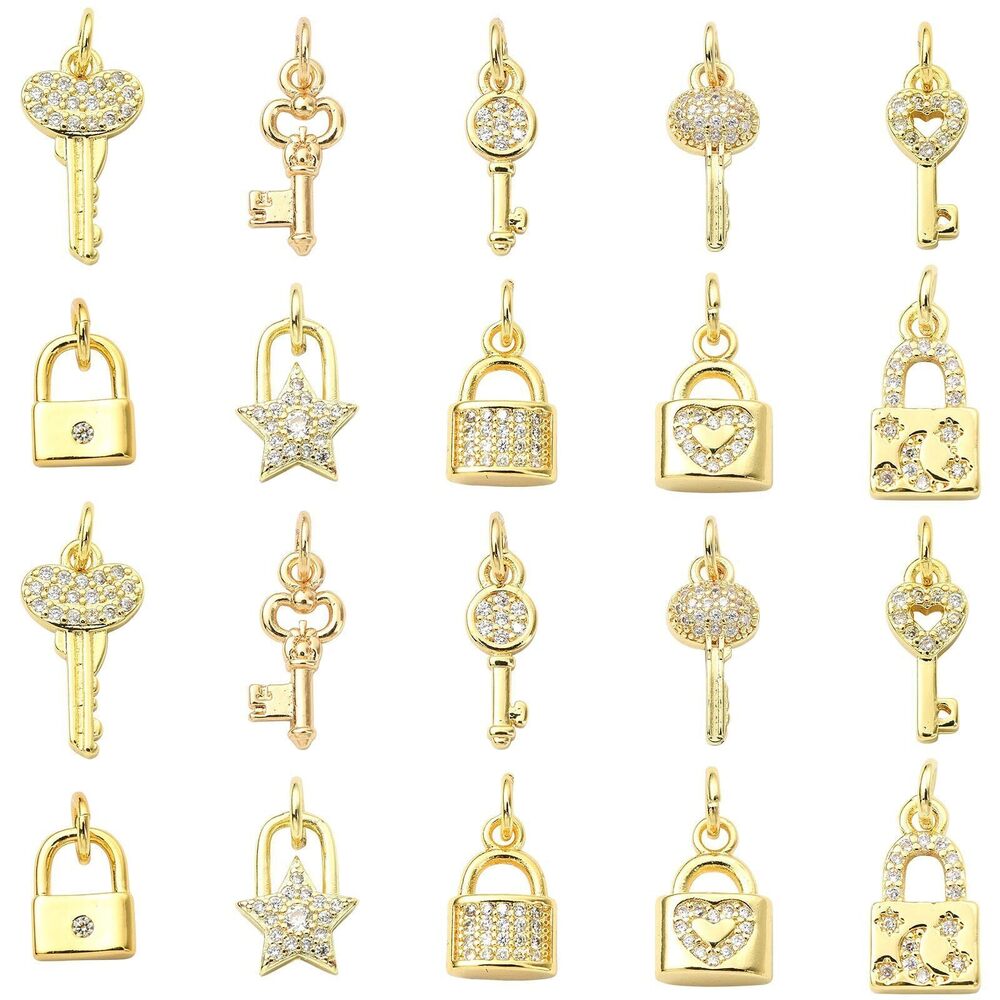 8606 10Pcs Key Cubic Zirconia Charms Gold Plated CZ Key Lock Charms Brass